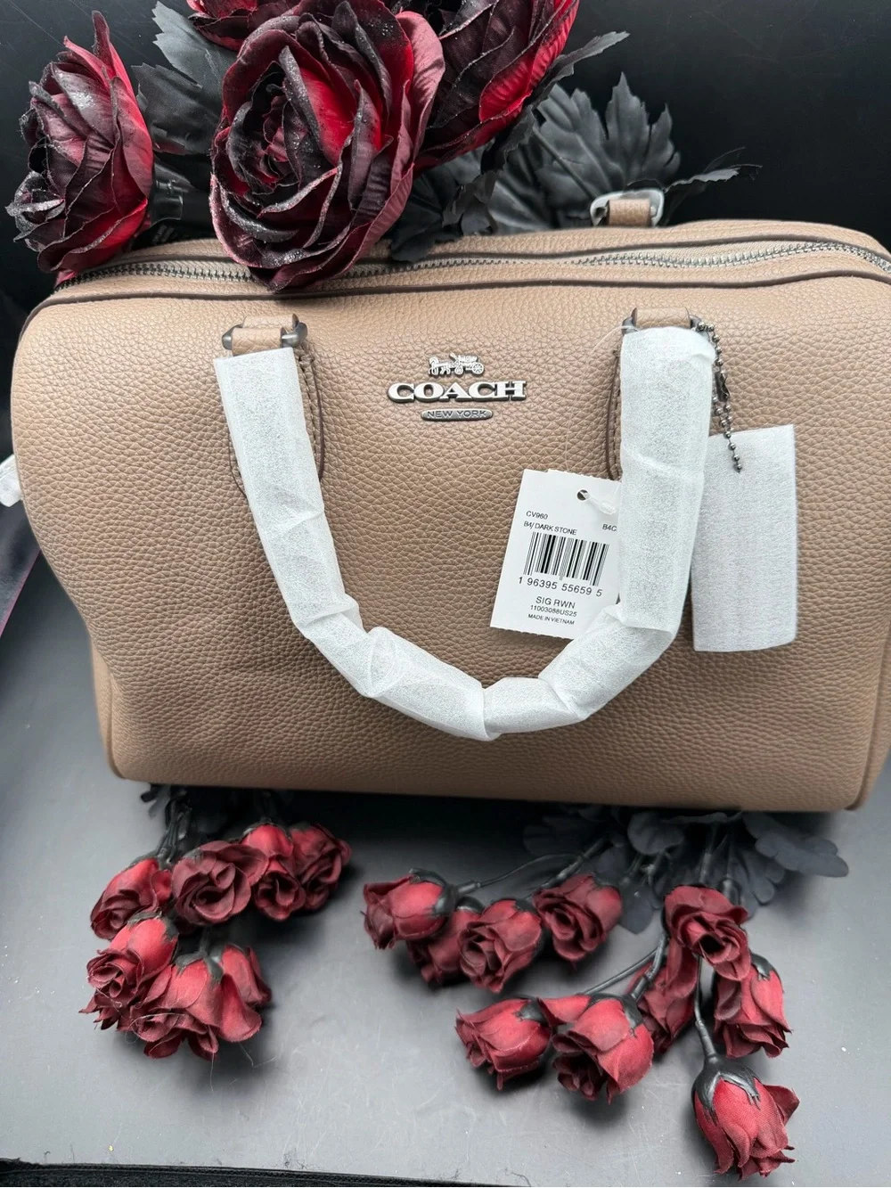 Coach Pebbled Leather Large Rowan Satchel Bag in Dark Stone / Taupe